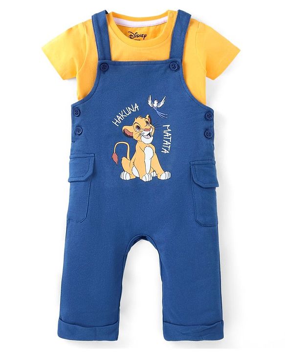 Babyhug Disney  Single Jersey Knit Dungarees & Half Sleeve Tee with Lion King Graphics -Navy & Yellow
