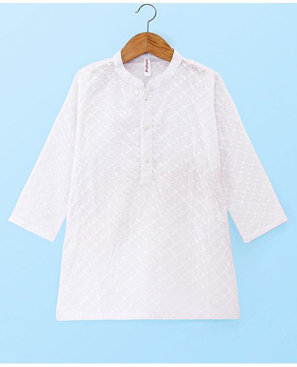 Babyhug Cotton Woven Full Sleeves Schiffli Kurta Pyjama Set - White