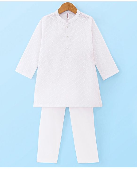 Babyhug Cotton Woven Full Sleeves Schiffli Kurta Pyjama Set - White