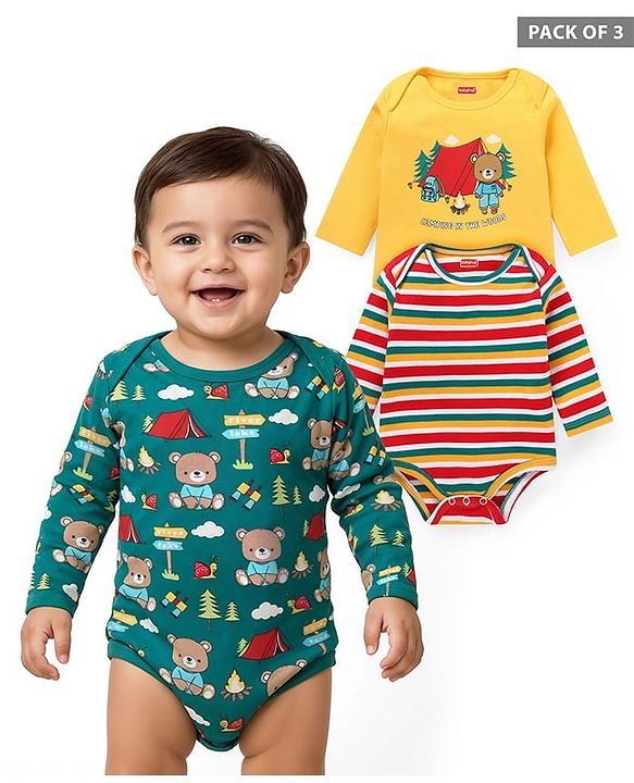Babyhug 100% Cotton Knit Full Sleeves Onesies with Striped & Bear Print Pack of 3  - Yellow Dark Green & Red