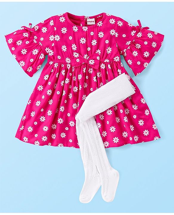 Babyhug Viscose Woven Half Sleeves Frock with Legging Floral Print & Bow Applique - Dark Pink