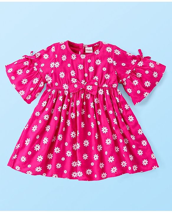 Babyhug Viscose Woven Half Sleeves Frock with Legging Floral Print & Bow Applique - Dark Pink