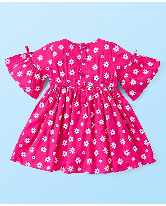 Babyhug Viscose Woven Half Sleeves Frock with Legging Floral Print & Bow Applique - Dark Pink
