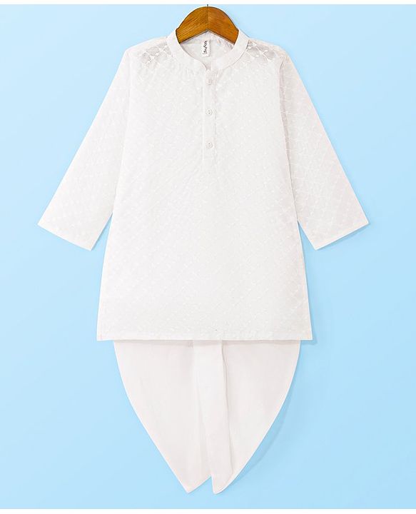 Babyhug Cotton Woven Schiffli Full Sleeves Embroidered Kurta Dhoti Set - White