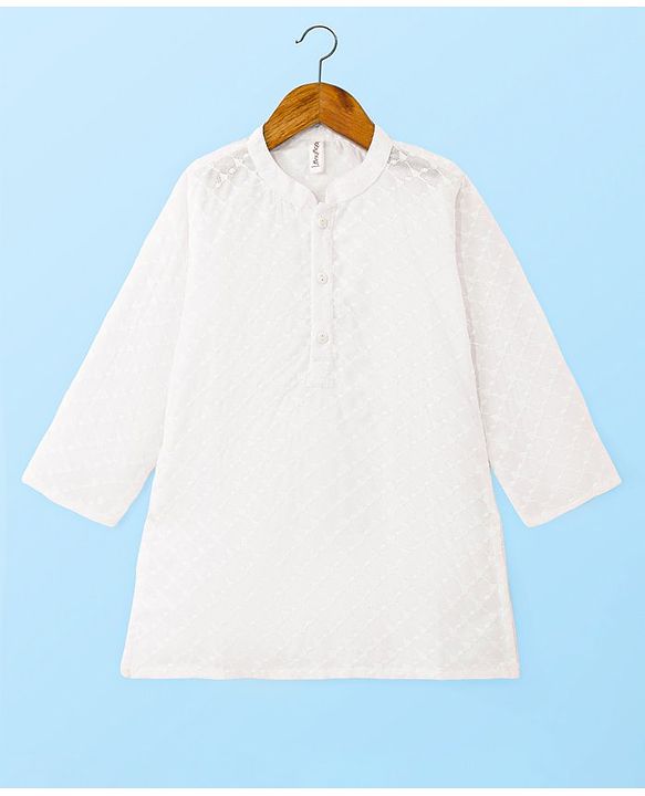 Babyhug Cotton Woven Schiffli Full Sleeves Embroidered Kurta Dhoti Set - White