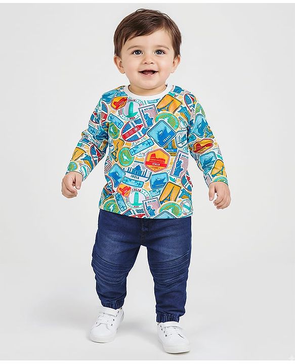 Babyhug Single Jersey Knit Full Sleeves Voyage Print T-Shirt & Jeans Set - Blue