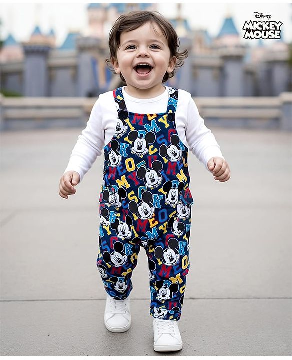 Babyhug Disney Single Jersey Knit Full Sleeves Mickey Mouse Printed Dungaree & T-Shirt - Navy Blue & White