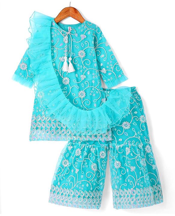 Babyhug Woven Three Fourth Sleeves  Net Sequined Embroidered Kurti Gharara Set with Frilled Dupatta - Aqua Blue