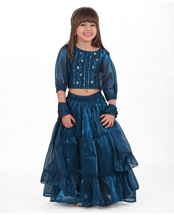 Babyhug Woven Three Fourth Sleeves Sequined Floral Embroidered Choli Lehenga Set with Dupatta - Teal Blue