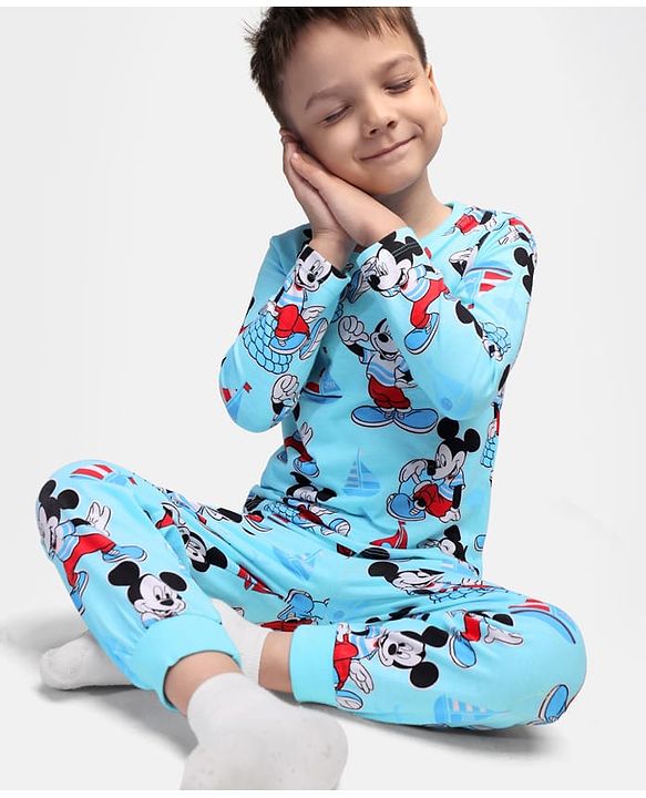 Babyhug Disney Single Jersey Knit Full Sleeves Night Suit With Mickey Mouse Graphics - Light Blue