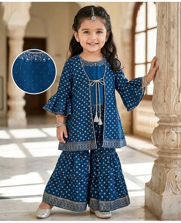 Babyhug Woven Top & Palazzo Set with Bell Sleeves Jacket Floral Foil Print & Embroidery - Teal Blue