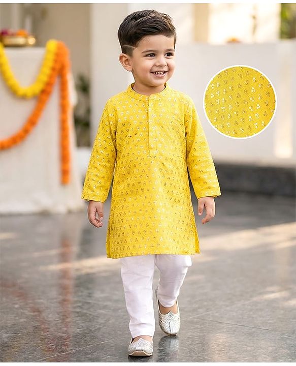 Babyhug Woven Full Sleeves Kurta Pyjama Set with Floral Sequin Embroidery - Yellow