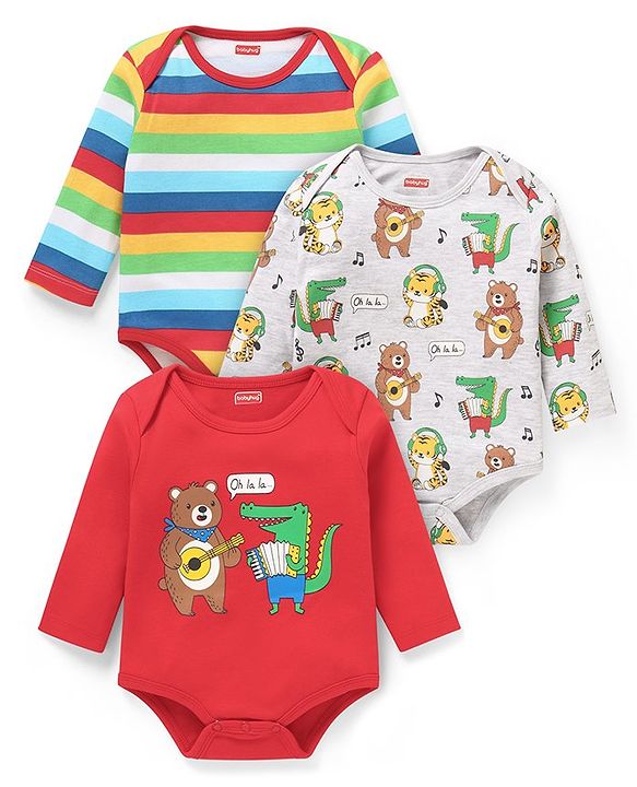 Babyhug 100% Cotton Knit Full Sleeves Striped & Animal Printed Pack of 3 - Red & Light Grey
