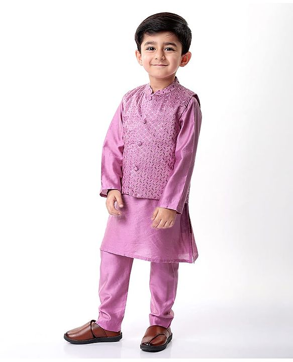 Babyhug Woven Full Sleeves Solid Kurta Pyjama Set With Sequins Embroidered Jacket - Mauve