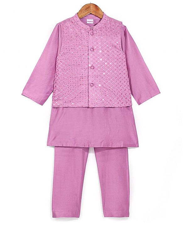 Babyhug Woven Full Sleeves Solid Kurta Pyjama Set With Sequins Embroidered Jacket - Mauve