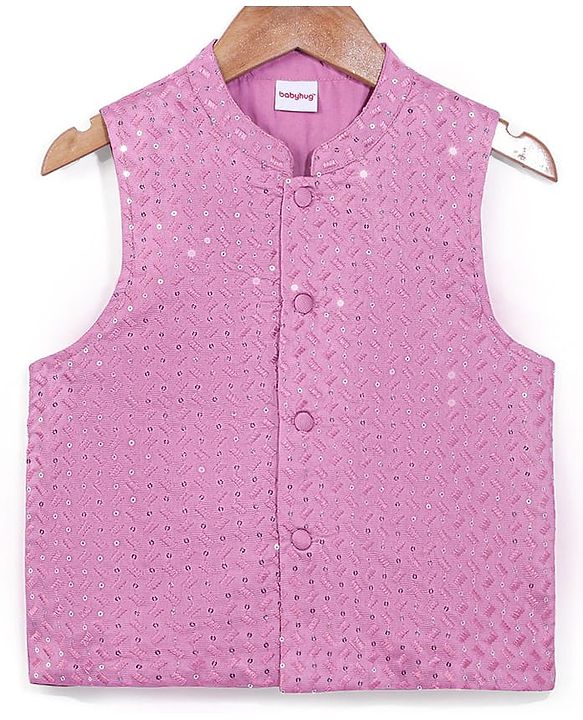 Babyhug Woven Full Sleeves Solid Kurta Pyjama Set With Sequins Embroidered Jacket - Mauve