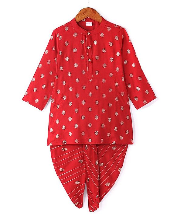 Babyhug Woven Full Sleeves Foil Printed Kurta Dhoti  Set - Red