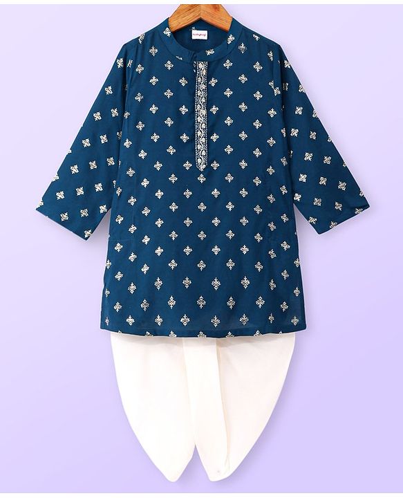 Babyhug Woven Full Sleeves Mandarin Collar Foil Printed Kurta Dhoti Set - Navy Blue