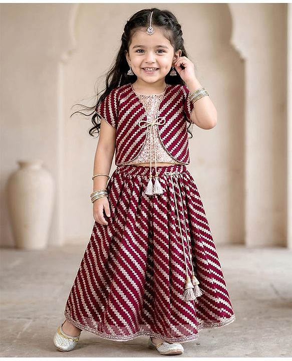 Babyhug Woven Short Sleeves Choli Lehenga & Jacket Set With Foil Print & Sequin Embroidery - Maroon