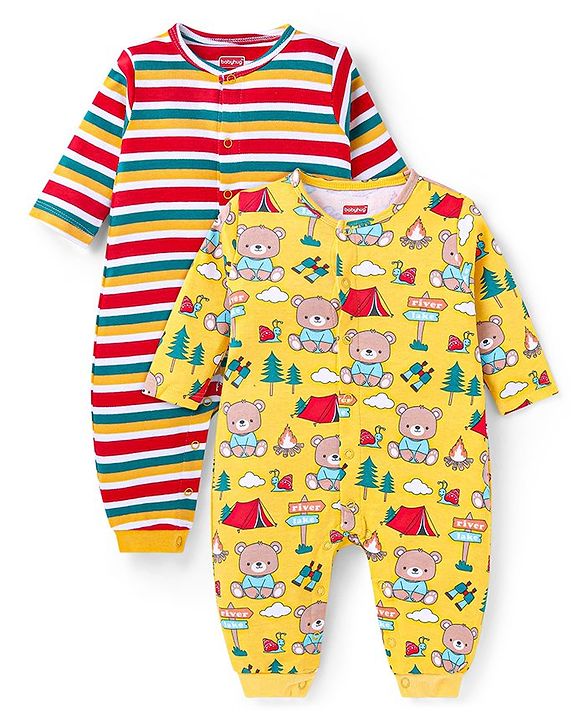 Babyhug 100% Cotton Knit Full Sleeves Striped & Bear Printed Front Open  Rompers Pack of 2 - Yellow & Red