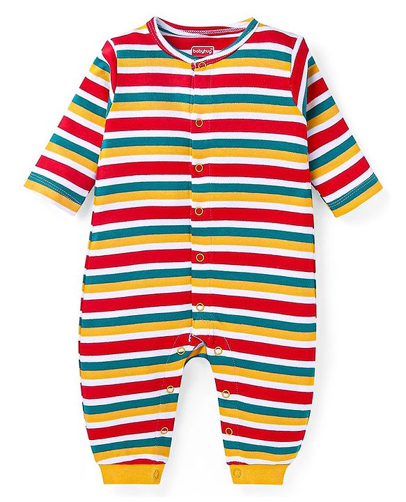 Babyhug 100% Cotton Knit Full Sleeves Striped & Bear Printed Front Open  Rompers Pack of 2 - Yellow & Red
