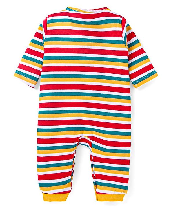 Babyhug 100% Cotton Knit Full Sleeves Striped & Bear Printed Front Open  Rompers Pack of 2 - Yellow & Red