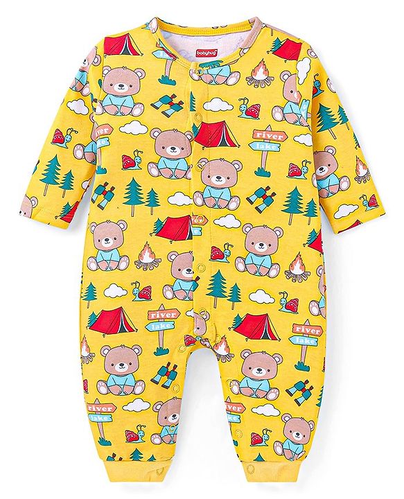 Babyhug 100% Cotton Knit Full Sleeves Striped & Bear Printed Front Open  Rompers Pack of 2 - Yellow & Red