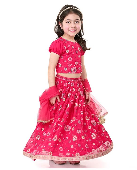Babyhug Woven Short Sleeves Georgette Sequin Embroidered Choli Lehenga & Dupatta Set - Hot Pink