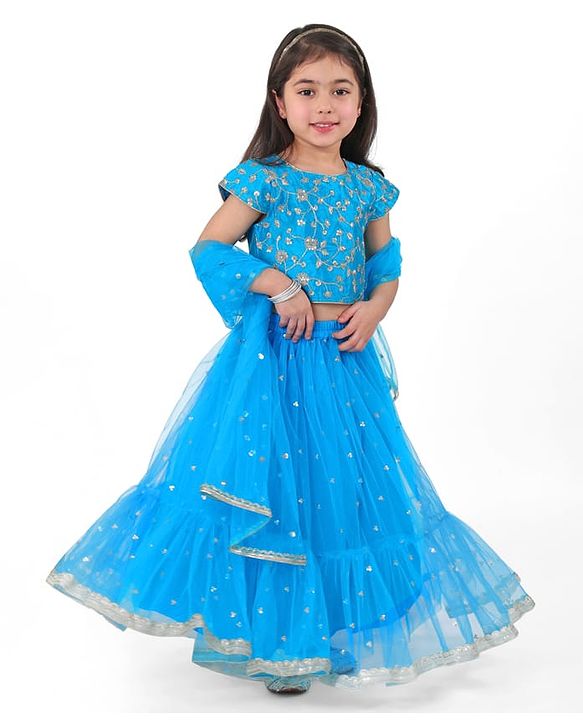 Babyhug Woven Cap Sleeves Sequinned & Floral Embroidered Choli With Lehenga and Net Dupatta - Blue