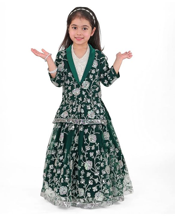 Babyhug Woven Three Fourth Sleeves  Floral & Sequined Embroidered Choli Lehenga Set with Jacket - Green