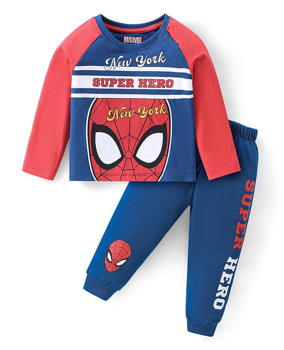 Babyhug Marvel Cotton Knit Raglan Sleeves Night Suit With Spider Man Graphics - Red & Blue