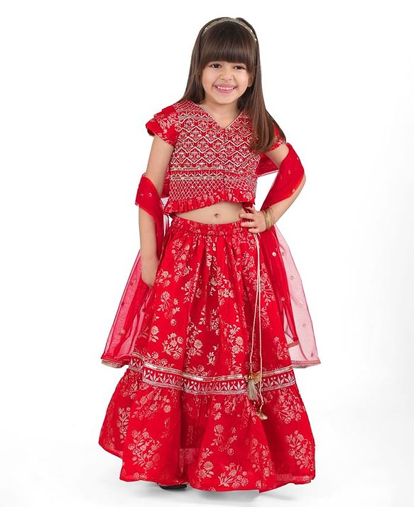 Babyhug Sleeveless Zari Embroidered Choli with Pattola Printed Lehenga and Dupatta Set - Red & Mustard main image 0