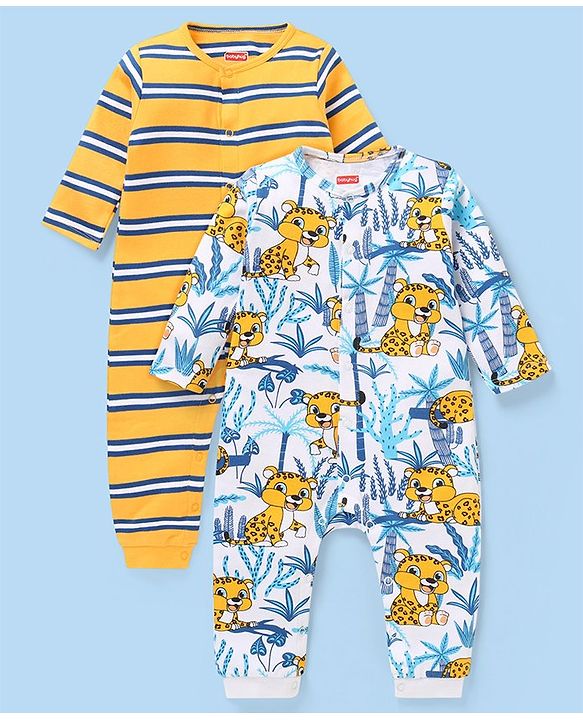 Babyhug 100% Cotton Full Sleeves Romper Cub Print Pack of 2- Yellow & Blue