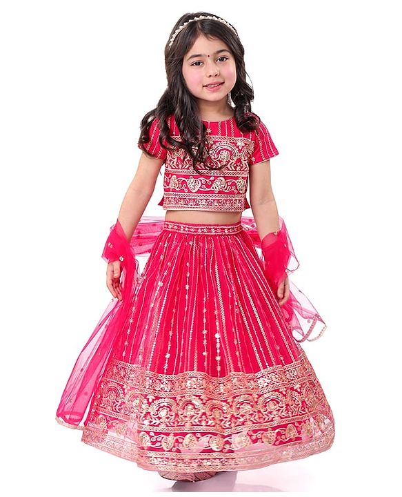 Babyhug Woven Half Sleeves Sequinned & Floral Embroidered Choli With Lehenga and Net Dupatta - Magenta