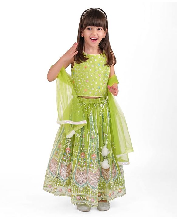 Babyhug Woven  Sleeveless Net Embroidered Choli Lehenga & Dupatta Set - Lime Green