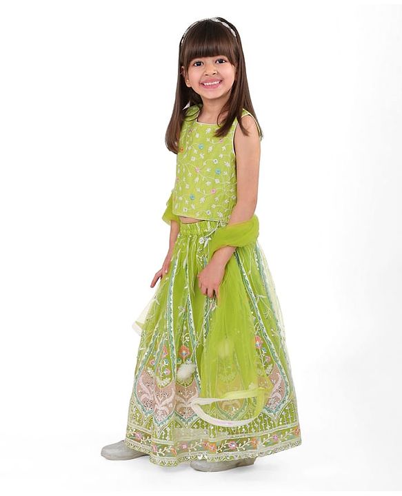 Babyhug Woven  Sleeveless Net Embroidered Choli Lehenga & Dupatta Set - Lime Green