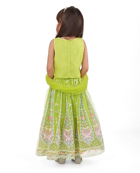 Babyhug Woven  Sleeveless Net Embroidered Choli Lehenga & Dupatta Set - Lime Green
