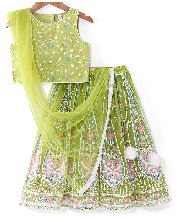 Babyhug Woven  Sleeveless Net Embroidered Choli Lehenga & Dupatta Set - Lime Green