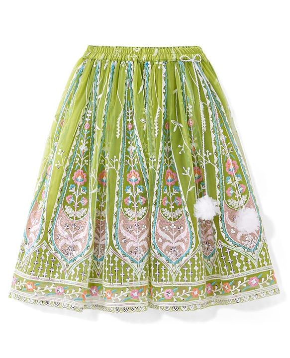 Babyhug Woven  Sleeveless Net Embroidered Choli Lehenga & Dupatta Set - Lime Green