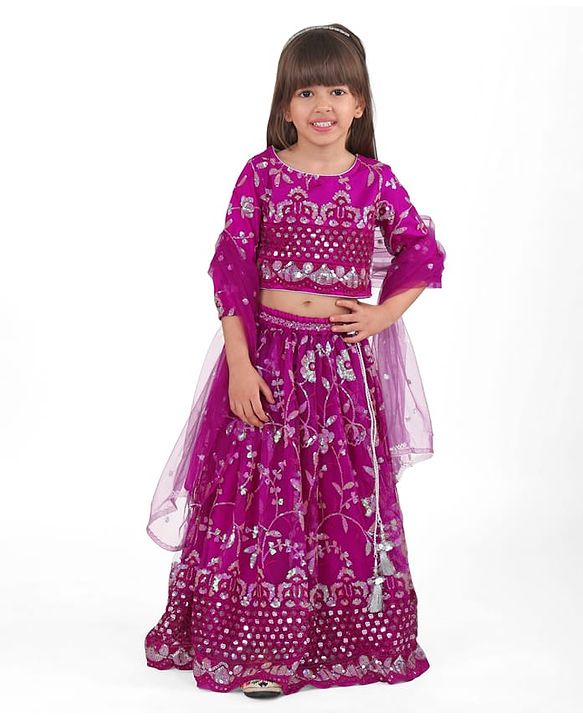 Babyhug Woven Full Sleeves Floral Sequinned & Embroidered Choli With Lehenga and Dupatta - Purple