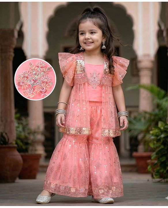 Babyhug Woven Sleeveless Sequined & Embroidered Top Gharara & Frill Detailing Jacket Set - Pink