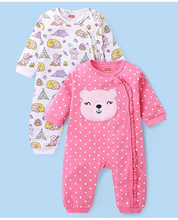 Babyhug 100% Cotton Knit Full Sleeves Rompers with Polka Dots & Bear Print Pack of 2 - Pink & White