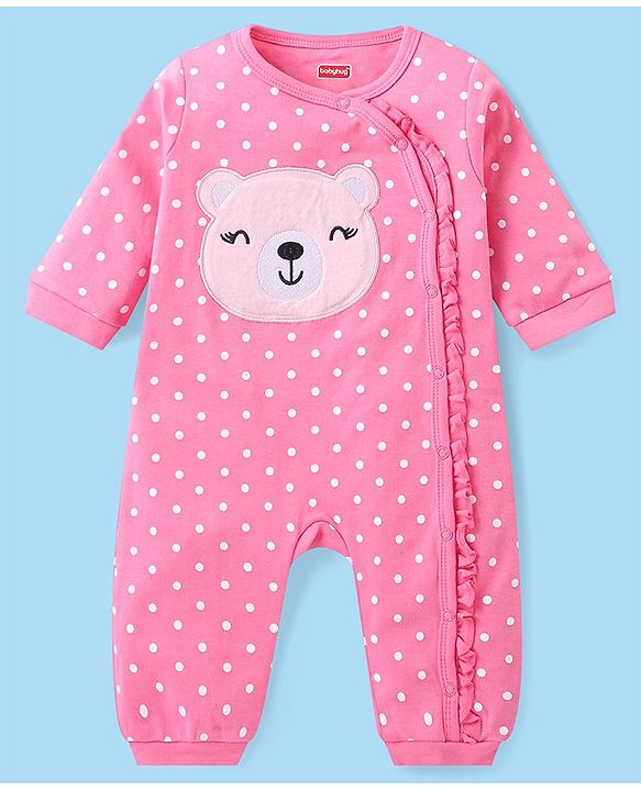 Babyhug 100% Cotton Knit Full Sleeves Rompers with Polka Dots & Bear Print Pack of 2 - Pink & White