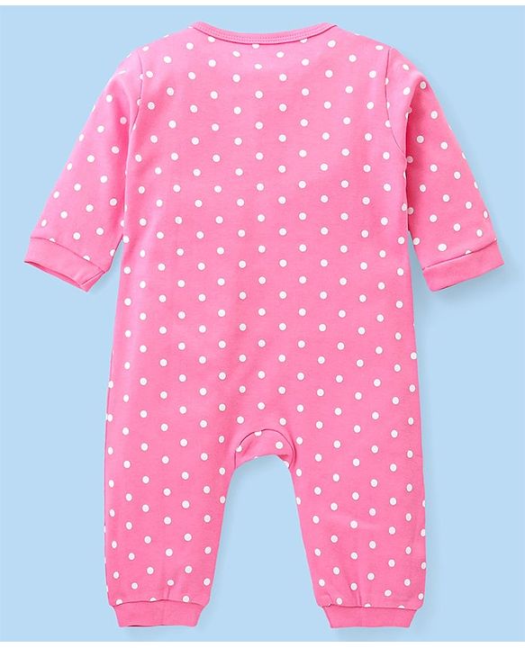 Babyhug 100% Cotton Knit Full Sleeves Rompers with Polka Dots & Bear Print Pack of 2 - Pink & White