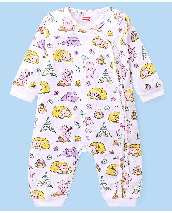 Babyhug 100% Cotton Knit Full Sleeves Rompers with Polka Dots & Bear Print Pack of 2 - Pink & White