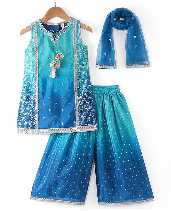 Babyhug Woven Sleeveless Floral & Sequin Embroidered Kurti Palazzo Set with Dupatta - Teal Blue