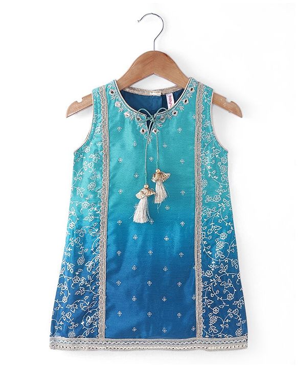 Babyhug Woven Sleeveless Floral & Sequin Embroidered Kurti Palazzo Set with Dupatta - Teal Blue