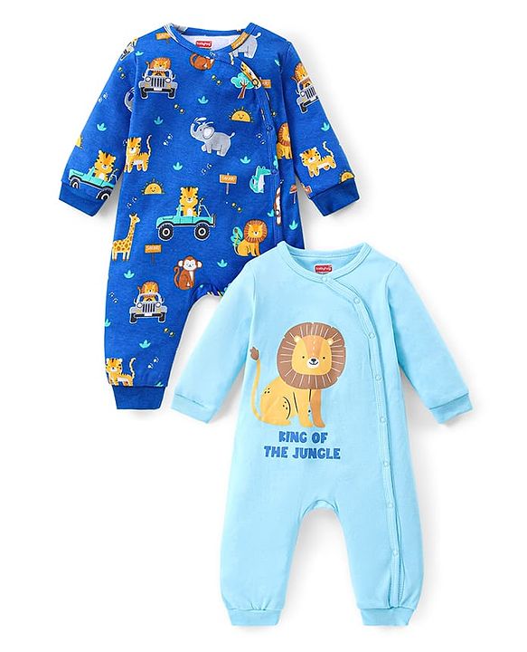 Babyhug 100% Cotton Knit Full Sleeves Front Open  Rompers with Animal Print Pack of 2 - Blue & Sky