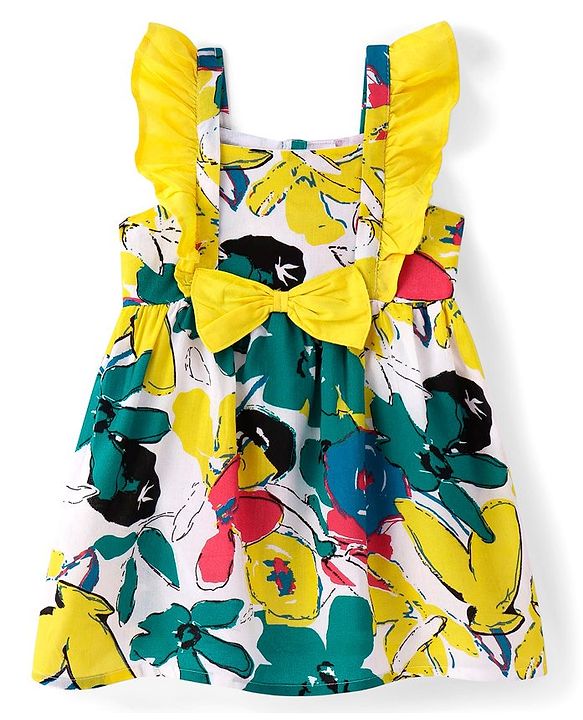 Babyhug Poplin Woven Frill Sleeves Frock with Floral Print & Bow Applique - Yellow