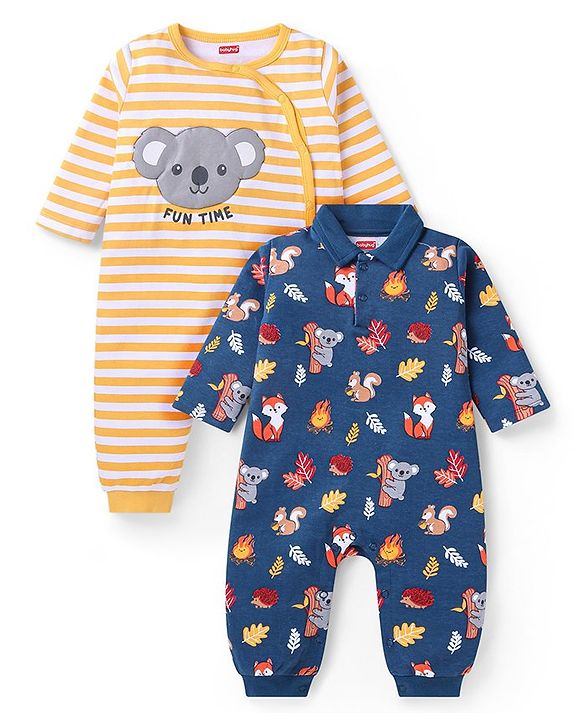 Babyhug 100% Cotton Knit Full Sleeves Striped & Animal Printed Romper Pack of 2 - Orange & Navy Blue